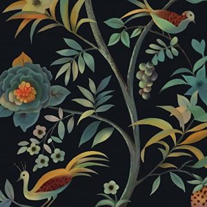 Black Wallpaper With Birds And Flowers