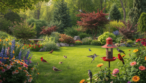 Vibrant garden with various birds. How to Attract Different Types of Birds: Ultimate Guide for Bird Lovers