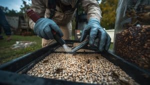 Pest control professional inspecting bird seed containers for weevils in a backyard