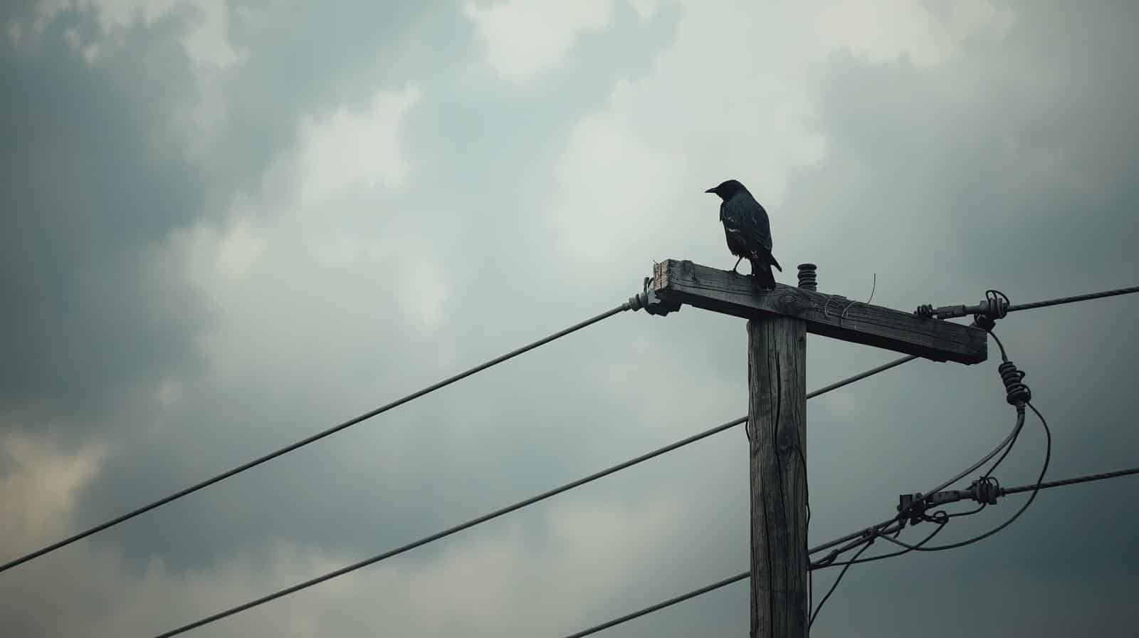 A Bird Perches on a High Power Line