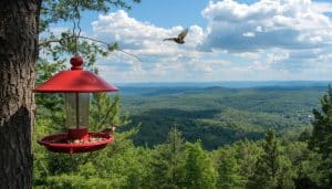 Bird feeder with scenic mountain view