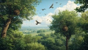 Birds flying over lush green landscape