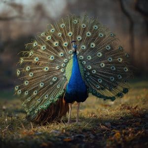 A male peacock in a forest at dawn, fanning its colorful feathers and calling, showing realistic textures and natural lighting.