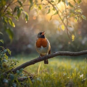 An American robin perched on a branch at sunrise, singing, with its red breast and brown-gray feathers visible, surrounded by natural garden foliage.