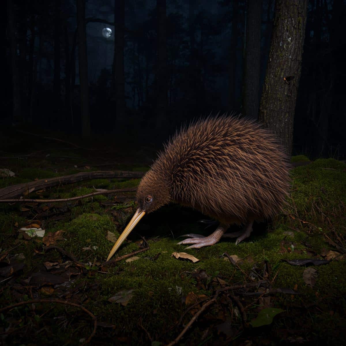 A kiwi bird on the forest floor at night in New Zealand, partially hidden among leaves and moss, illuminated by soft moonlight, showing its brown feathers and long beak.