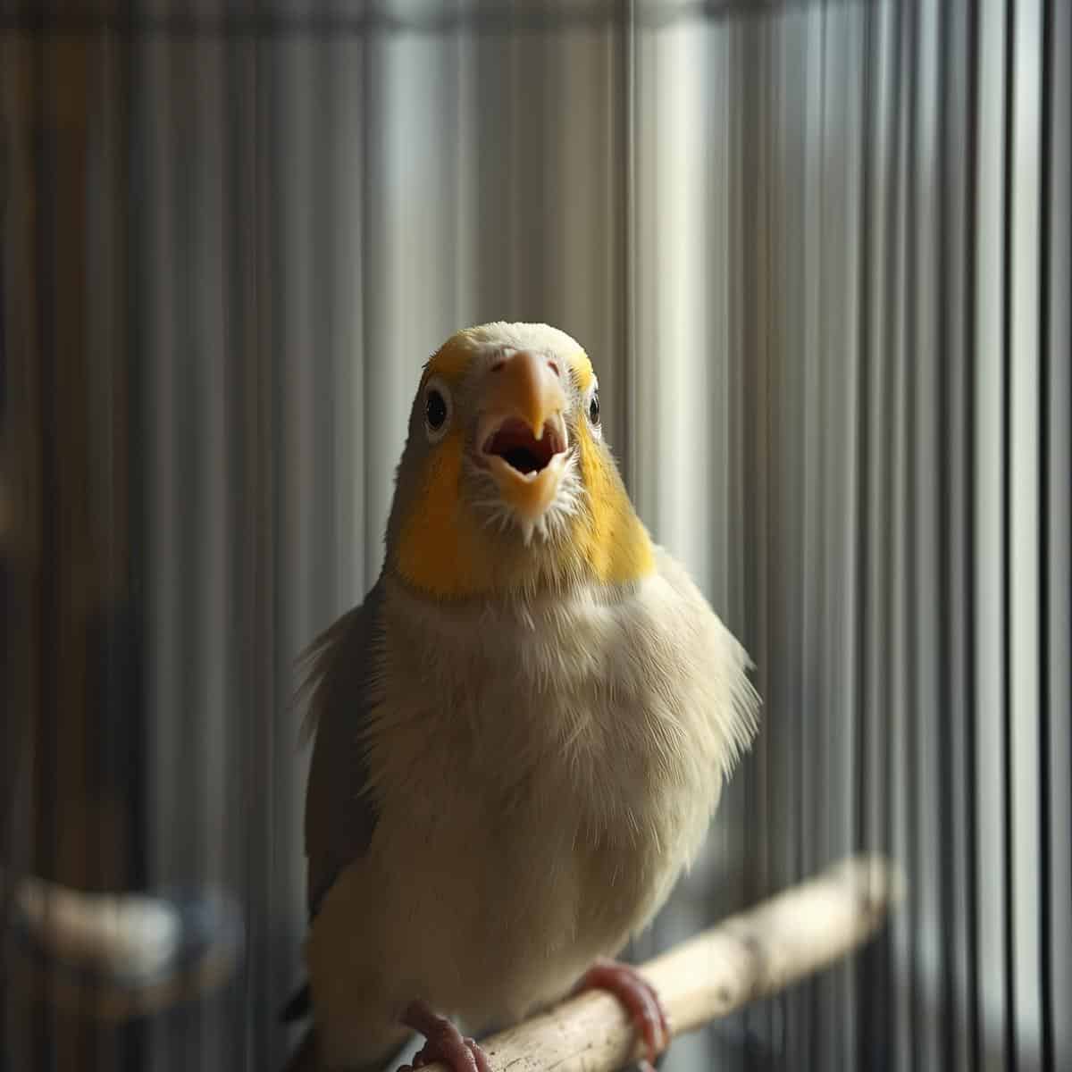 Pet bird making strange noises inside its cage in a natural home environment, captured in a real and unedited moment.