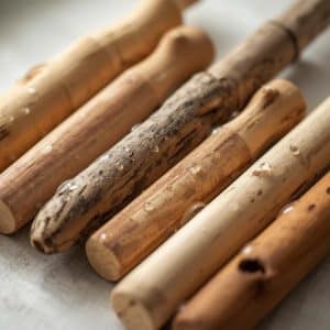 Close-up of natural wooden bird perches showing apple, maple, birch, and cherry wood with different moisture resistance and mold risk, used for safe bird perches.