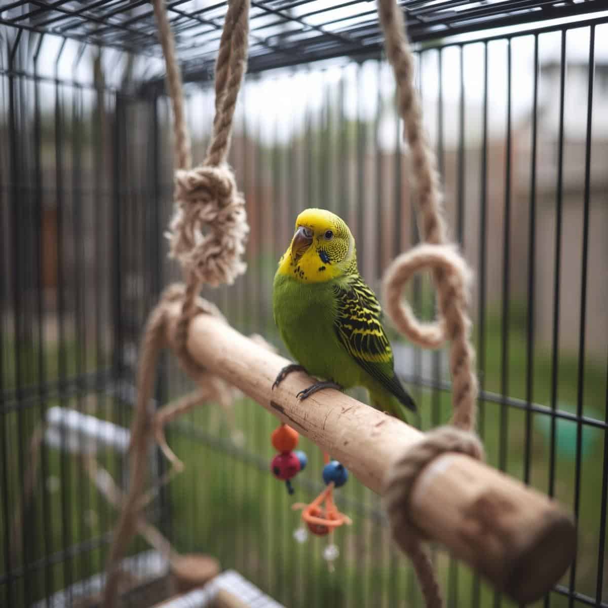 DIY rope bird perch with small parrot perched, showing knots, rope texture, and attached toys in a cage