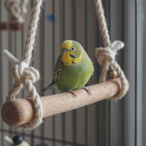 Small parrot on handmade rope bird perch showing knots, cotton rope texture, and attached toys in cage
