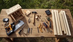 Tools and supplies needed to build a bird roosting box