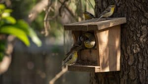 Birds using a wooden roosting box in a backyard, showing a safe and cozy bird habitat